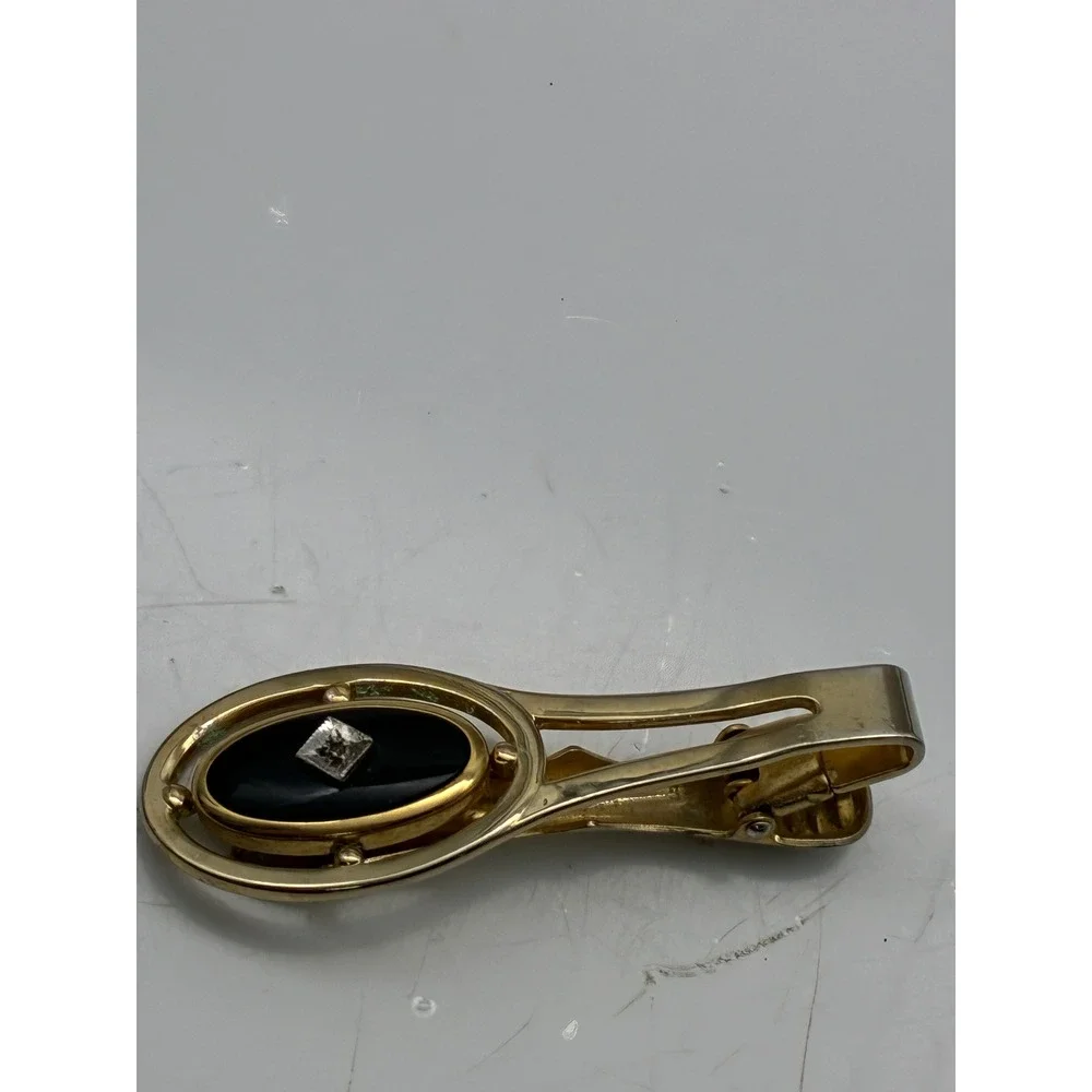 Anson Vintage Mens Gold Tone Black Enamel Crystal Tie Clip and Cufflinks Set